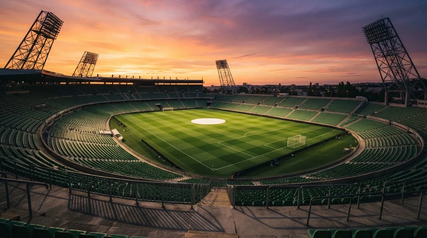 Un estadio de fútbol vacío con torres de iluminación al atardecer
