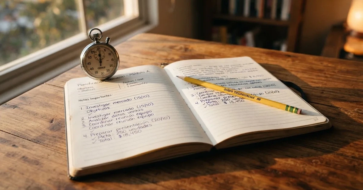 Un cuaderno abierto con un lápiz y un cronómetro sobre una mesa de madera
