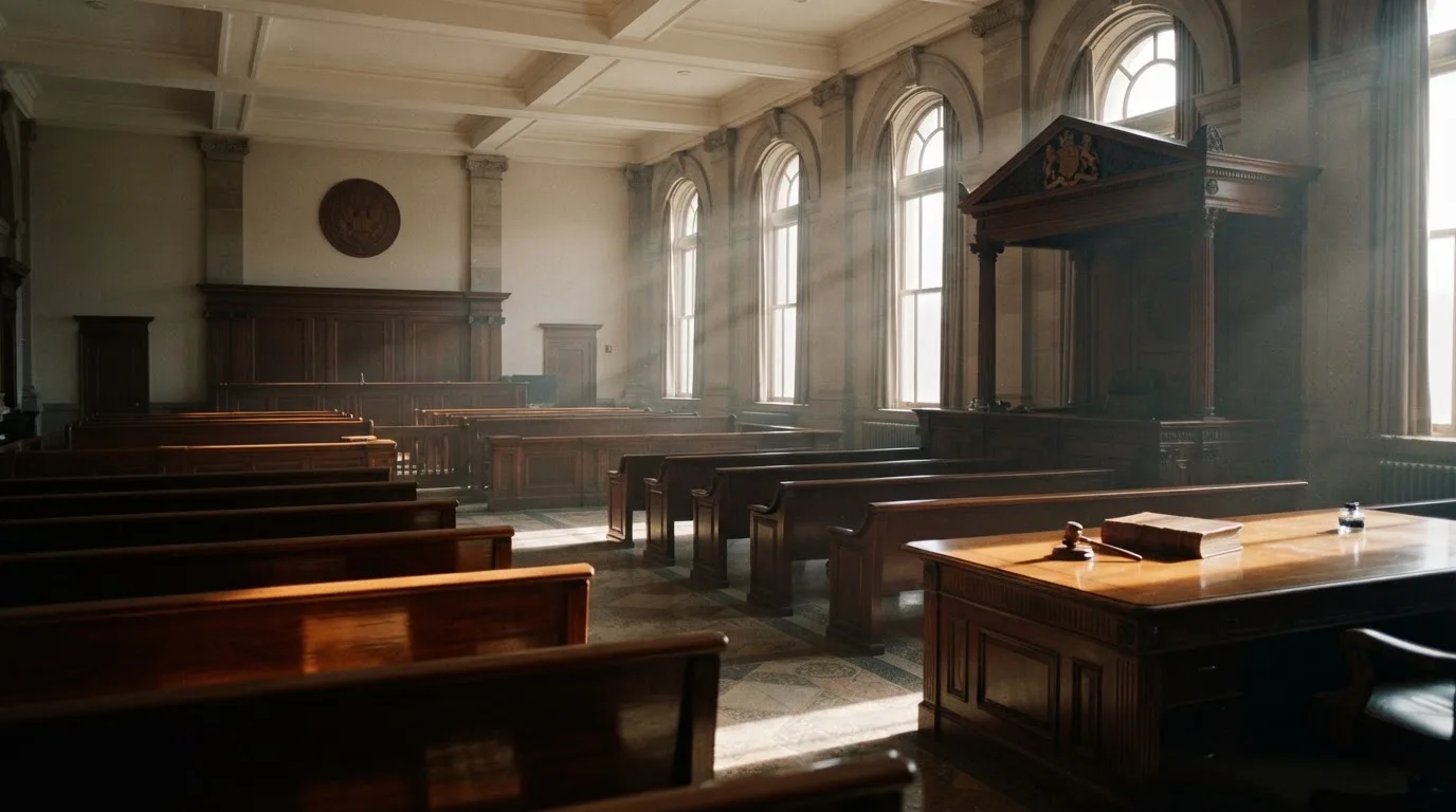 Una sala de tribunal vacía con bancos de madera a la luz de la mañana