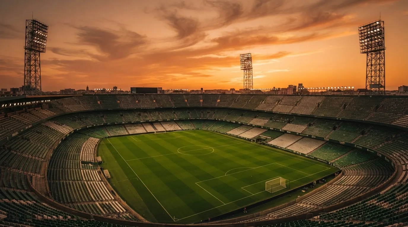 Un estadio de fútbol vacío con torres de iluminación al atardecer