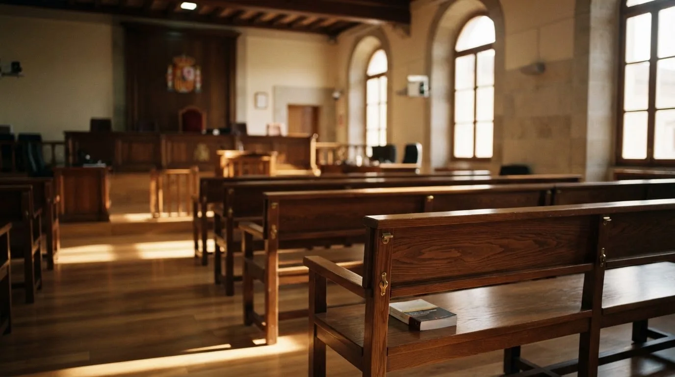 Una sala de tribunal vacía con bancos de madera a la luz de la mañana