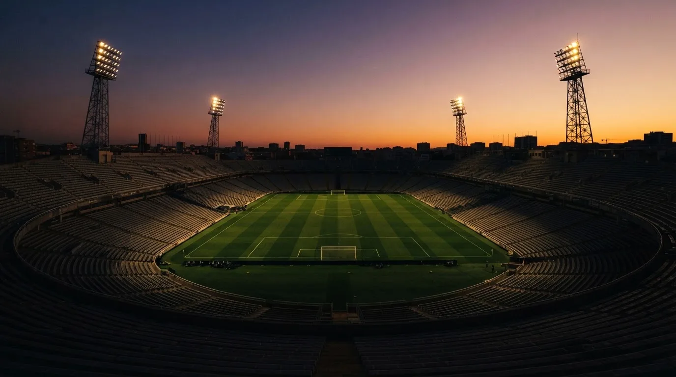 Un estadio de fútbol vacío con torres de iluminación al atardecer