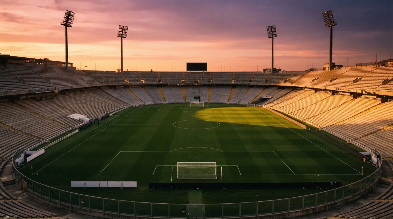 Un estadio de fútbol vacío con torres de iluminación al atardecer