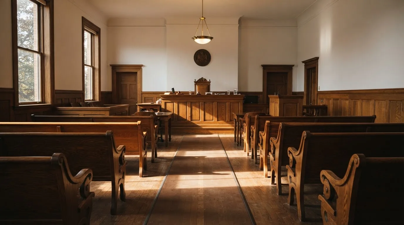 Una sala de tribunal vacía con bancos de madera a la luz de la mañana