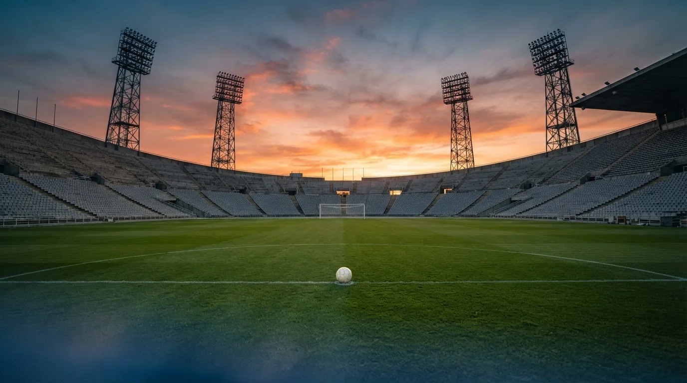 Un estadio de fútbol vacío con torres de iluminación al atardecer