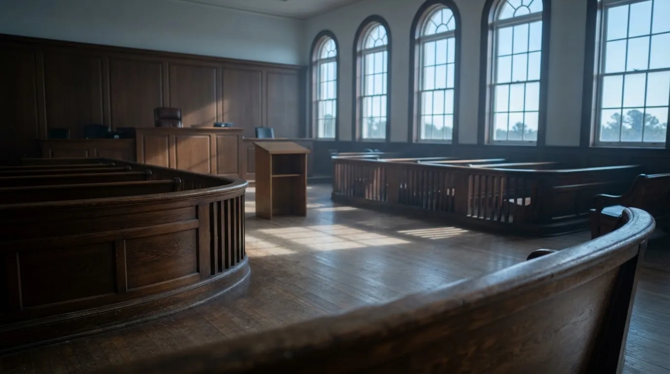 Una sala de tribunal vacía con bancos de madera a la luz de la mañana
