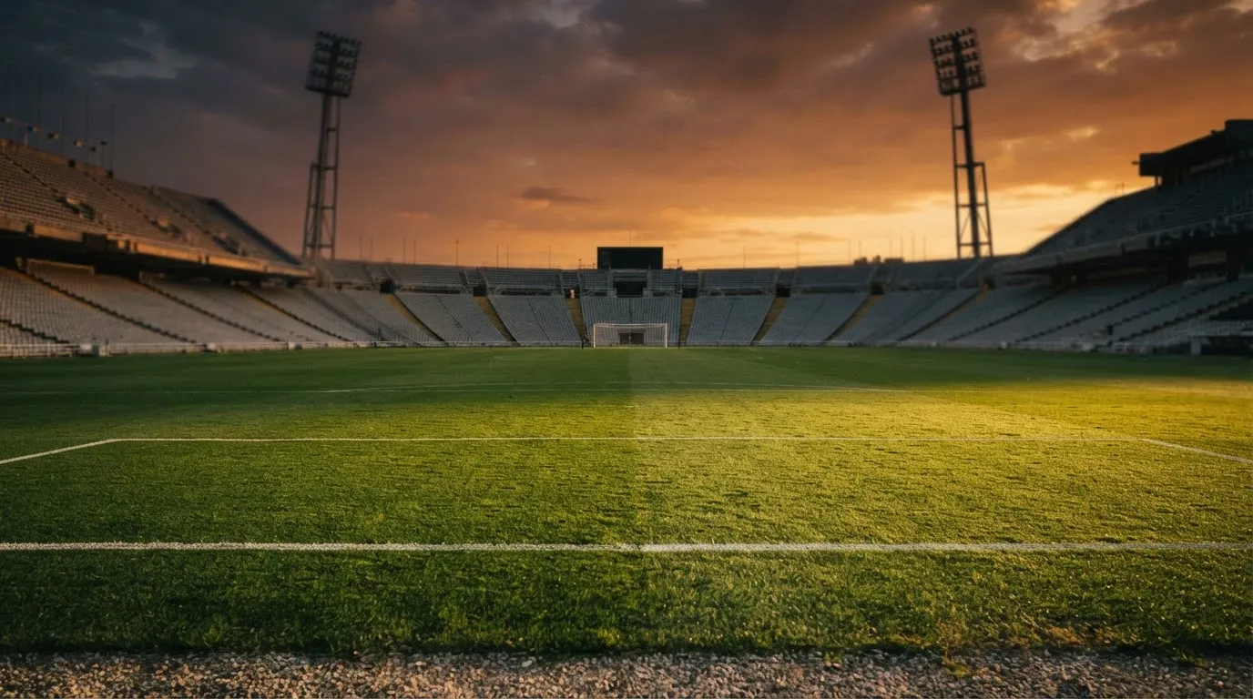 Un estadio de fútbol vacío con torres de iluminación al atardecer