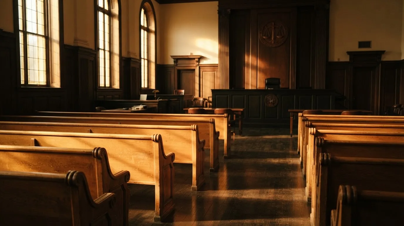 Una sala de tribunal vacía con bancos de madera a la luz de la mañana