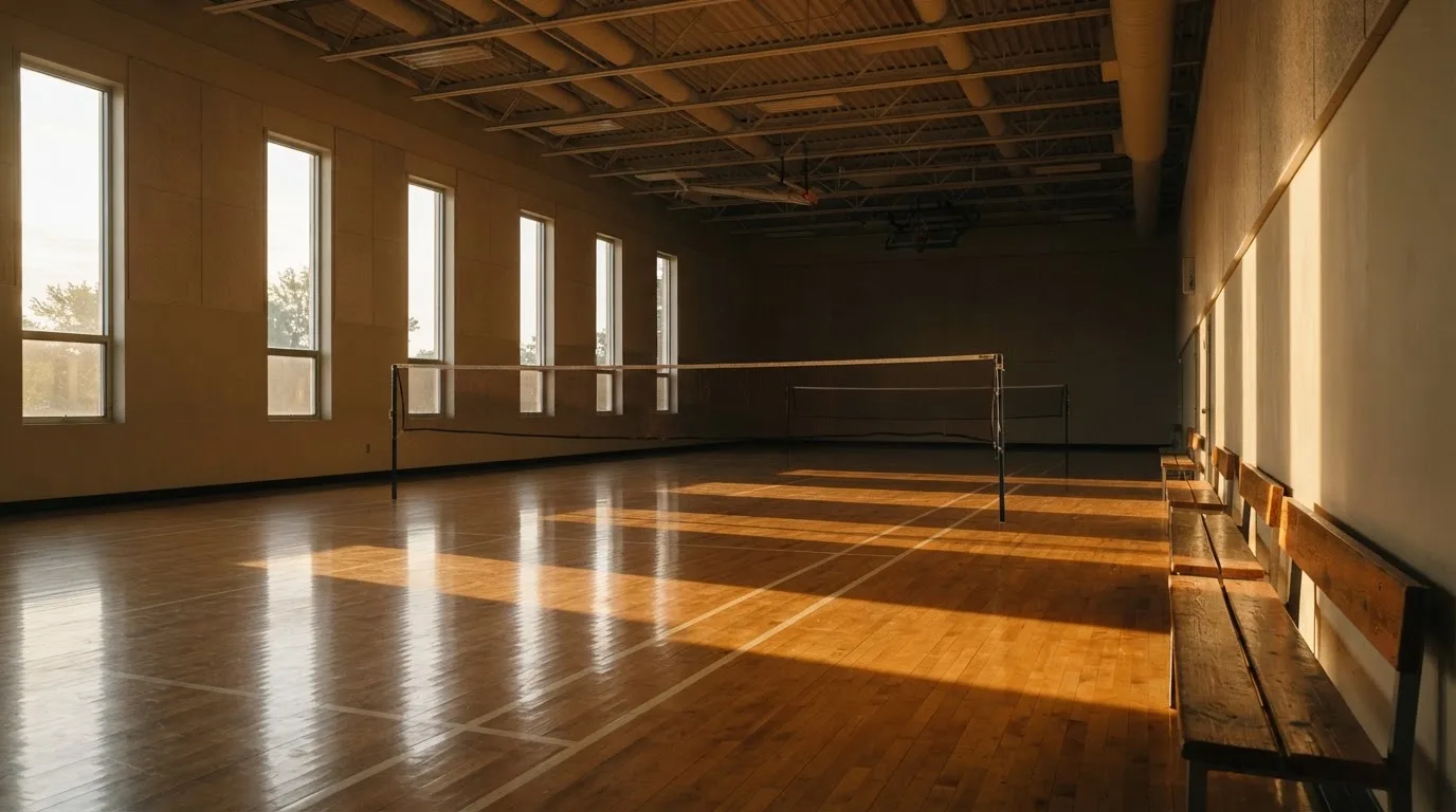 Una sala de tribunal vacía con bancos de madera a la luz de la mañana
