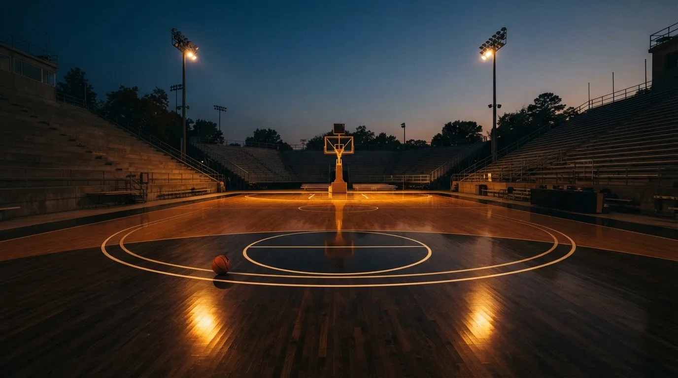 Un estadio de fútbol vacío con torres de iluminación al atardecer