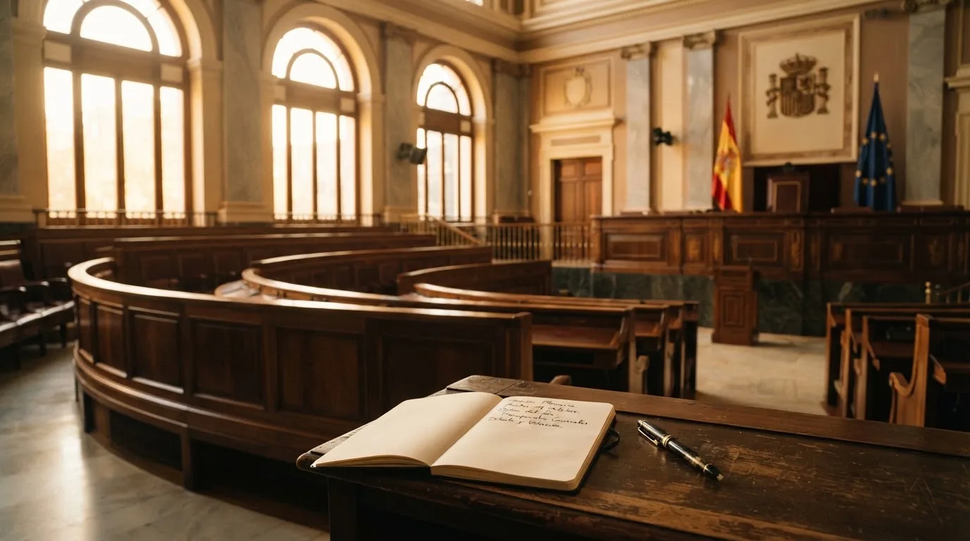 Una sala de tribunal vacía con bancos de madera a la luz de la mañana