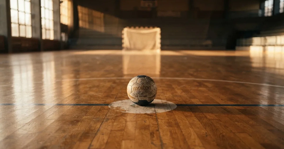 Un balón en el punto central de un campo de césped a la luz de la mañana