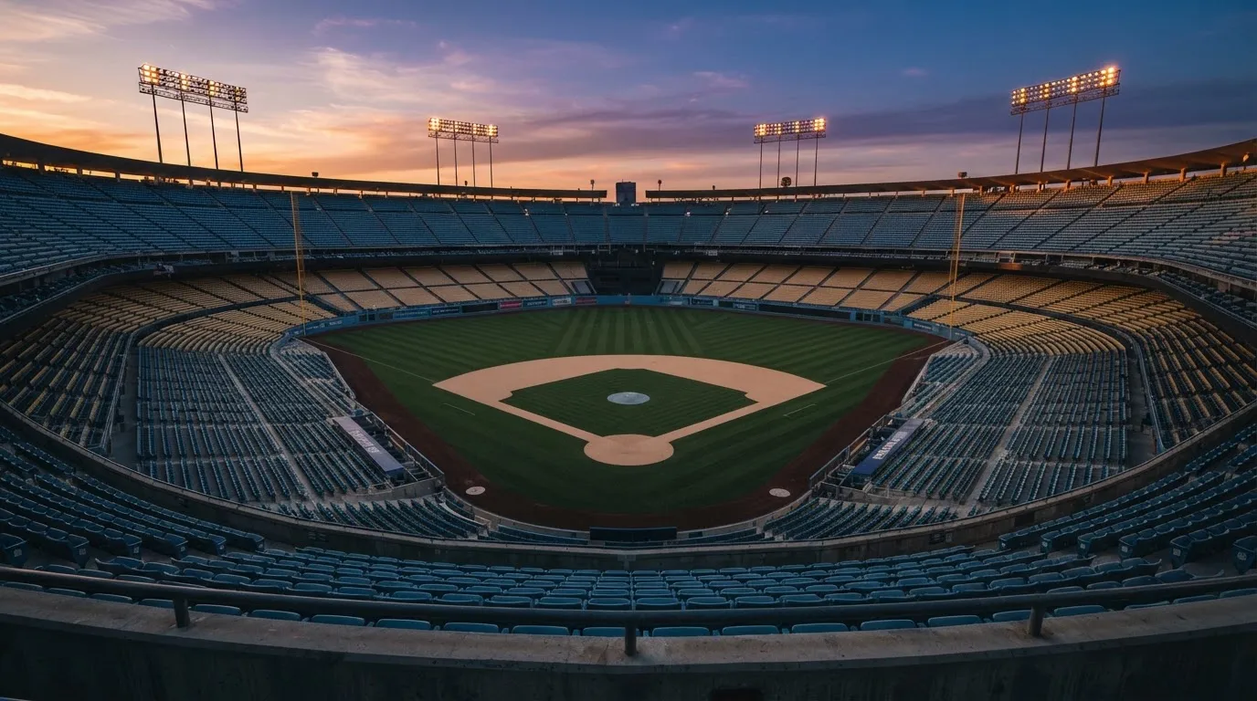 Un estadio de fútbol vacío con torres de iluminación al atardecer