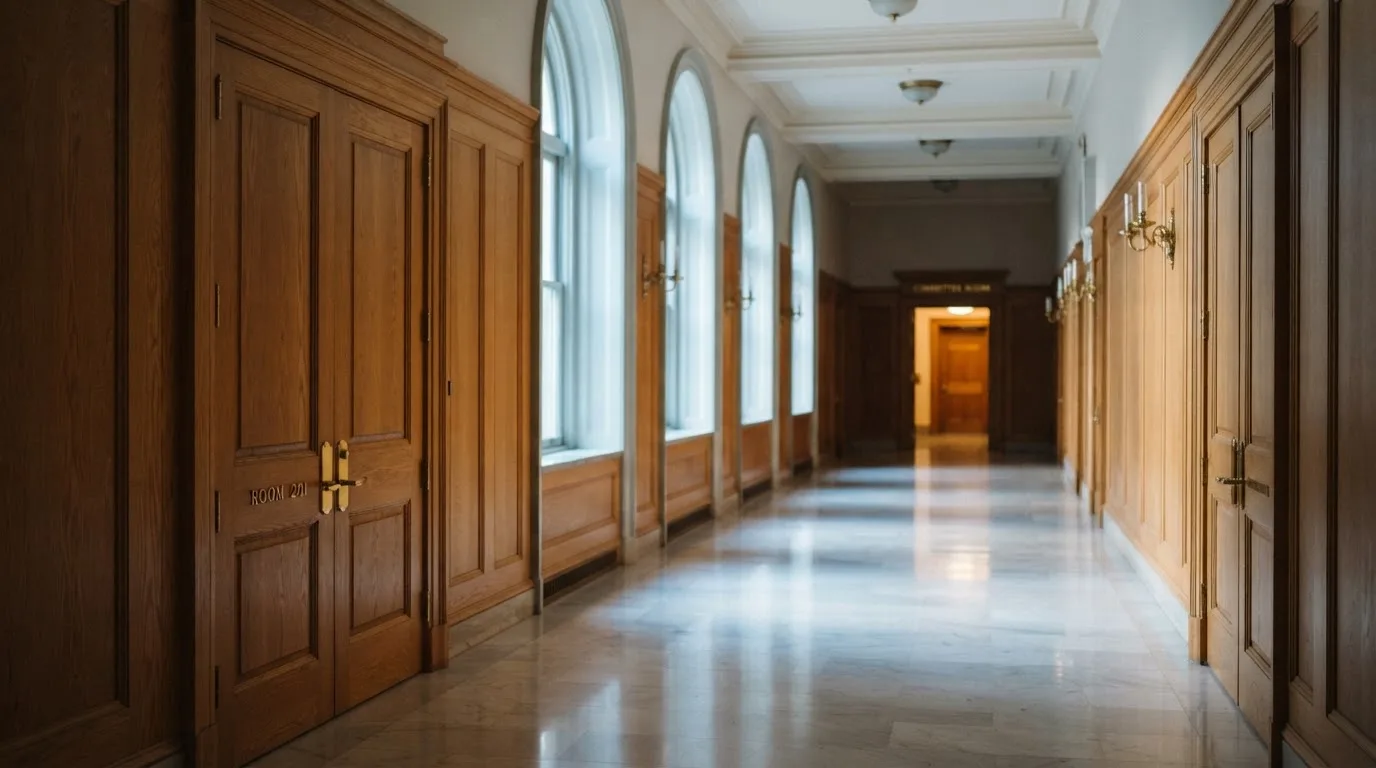 Una sala de tribunal vacía con bancos de madera a la luz de la mañana
