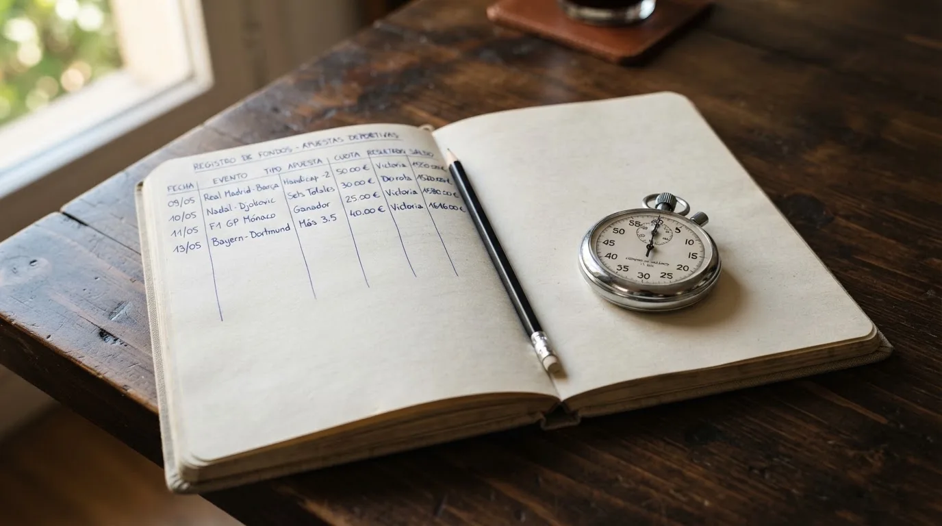 Un cuaderno abierto con un lápiz y un cronómetro sobre una mesa de madera