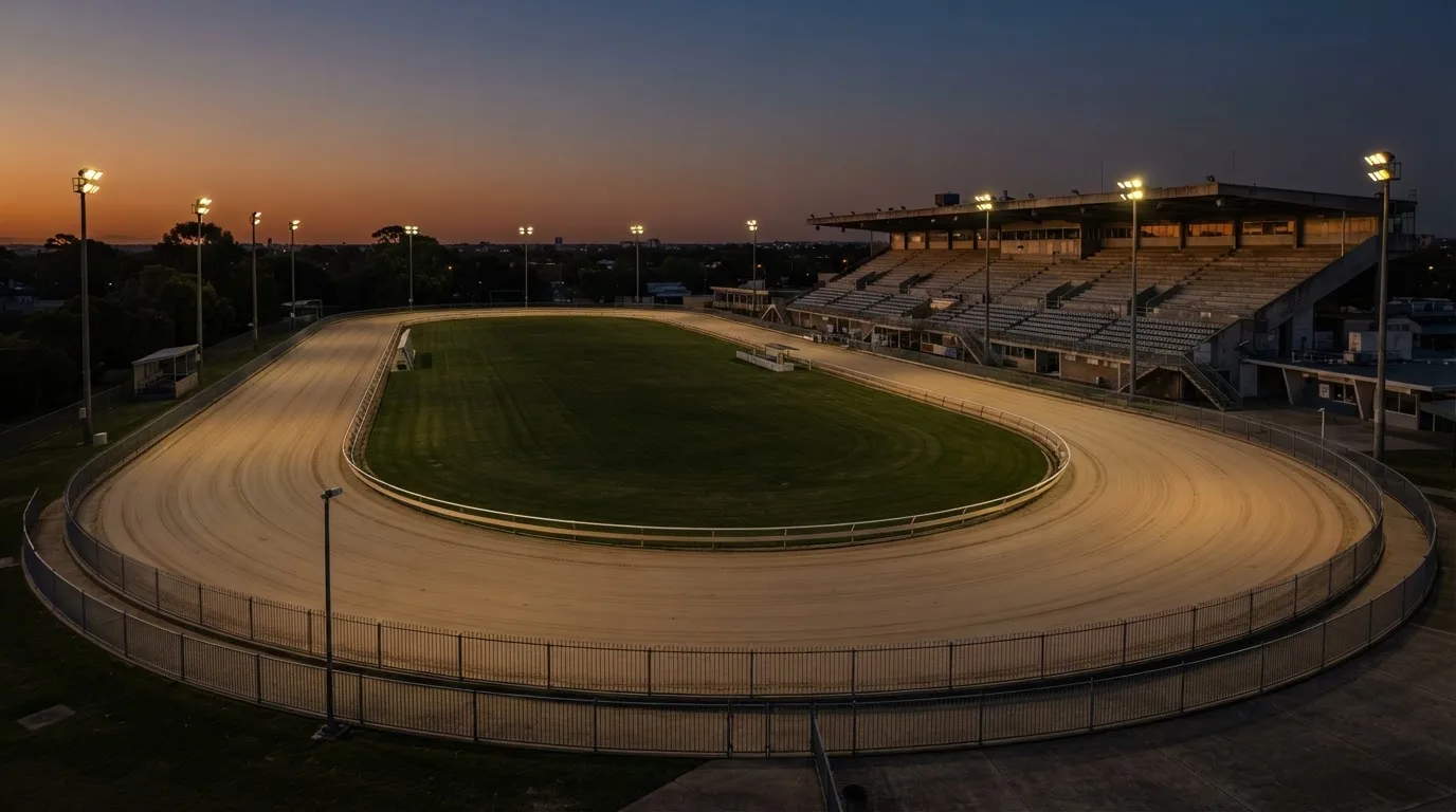 Un estadio de fútbol vacío con torres de iluminación al atardecer
