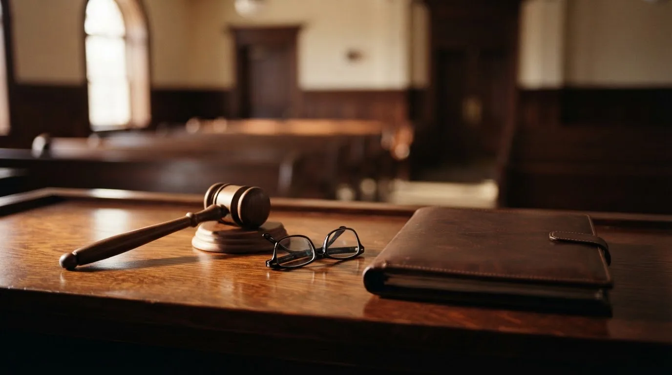 Una sala de tribunal vacía con bancos de madera a la luz de la mañana
