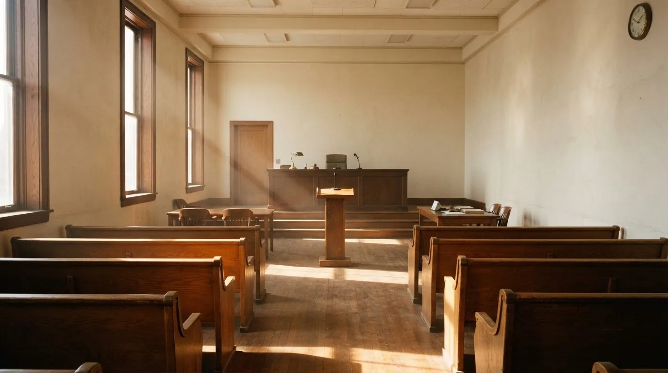 Una sala de tribunal vacía con bancos de madera a la luz de la mañana