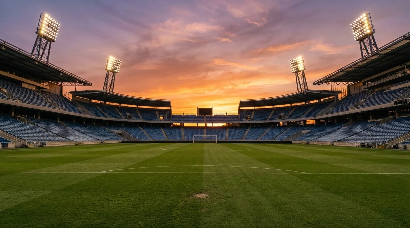 Un estadio de fútbol vacío con torres de iluminación al atardecer