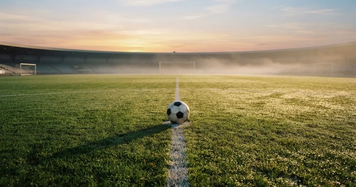 Un balón en el punto central de un campo de césped a la luz de la mañana