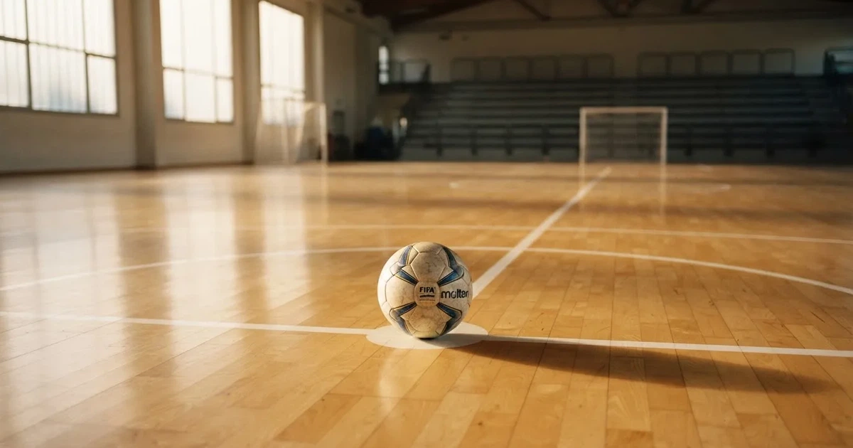 Un balón en el punto central de un campo de césped a la luz de la mañana