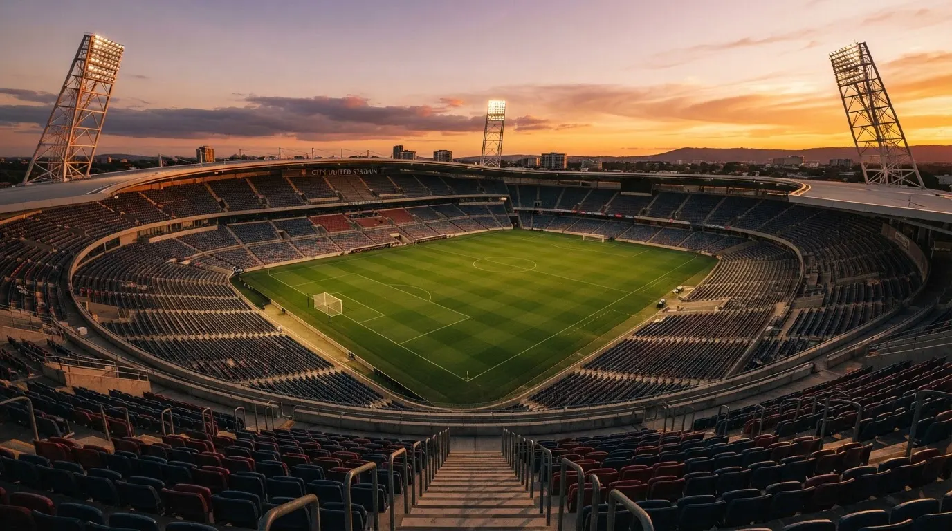 Un estadio de fútbol vacío con torres de iluminación al atardecer