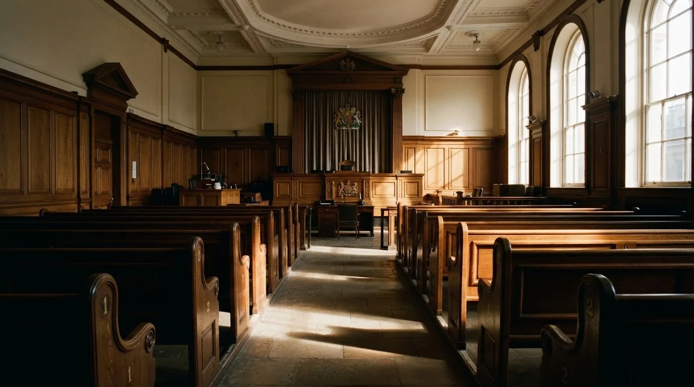 Una sala de tribunal vacía con bancos de madera a la luz de la mañana