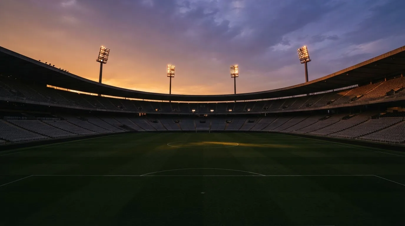 Un estadio de fútbol vacío con torres de iluminación al atardecer