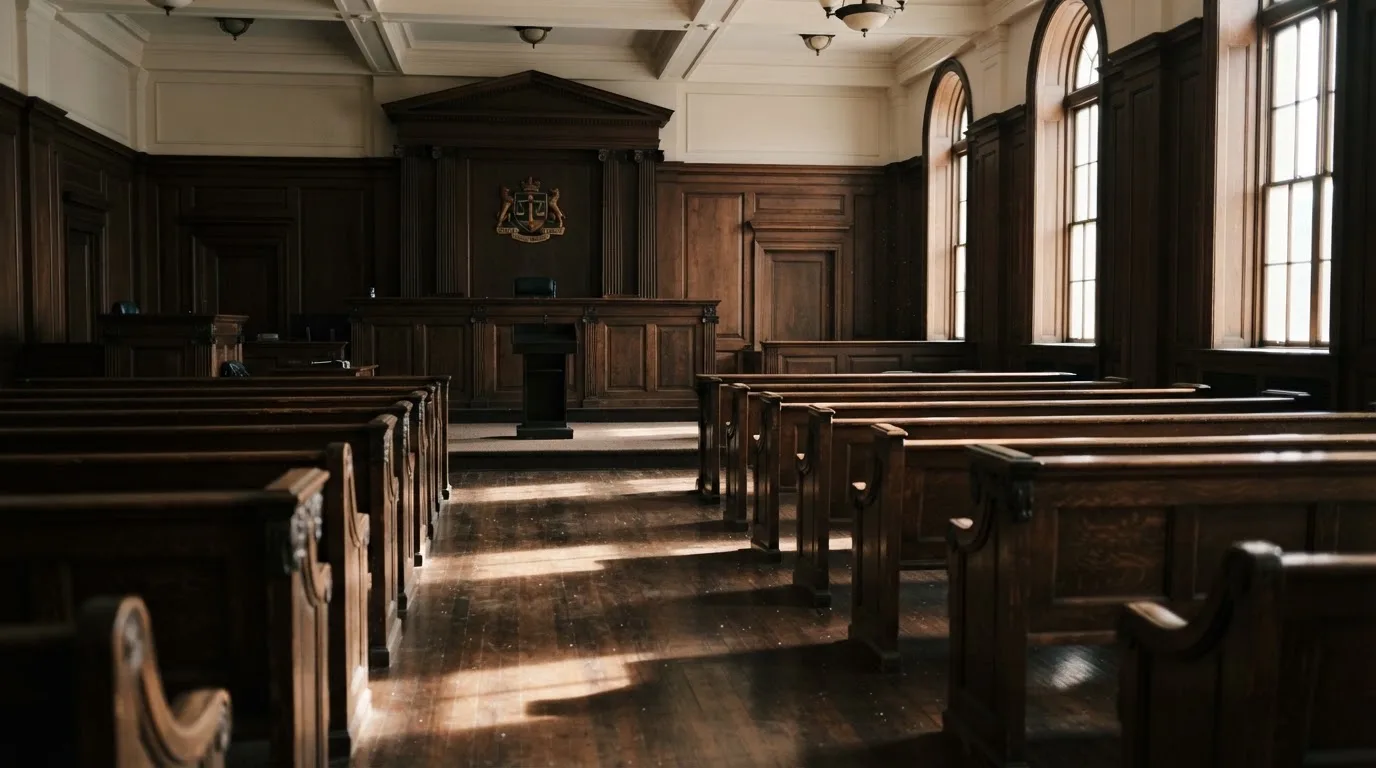 Una sala de tribunal vacía con bancos de madera a la luz de la mañana