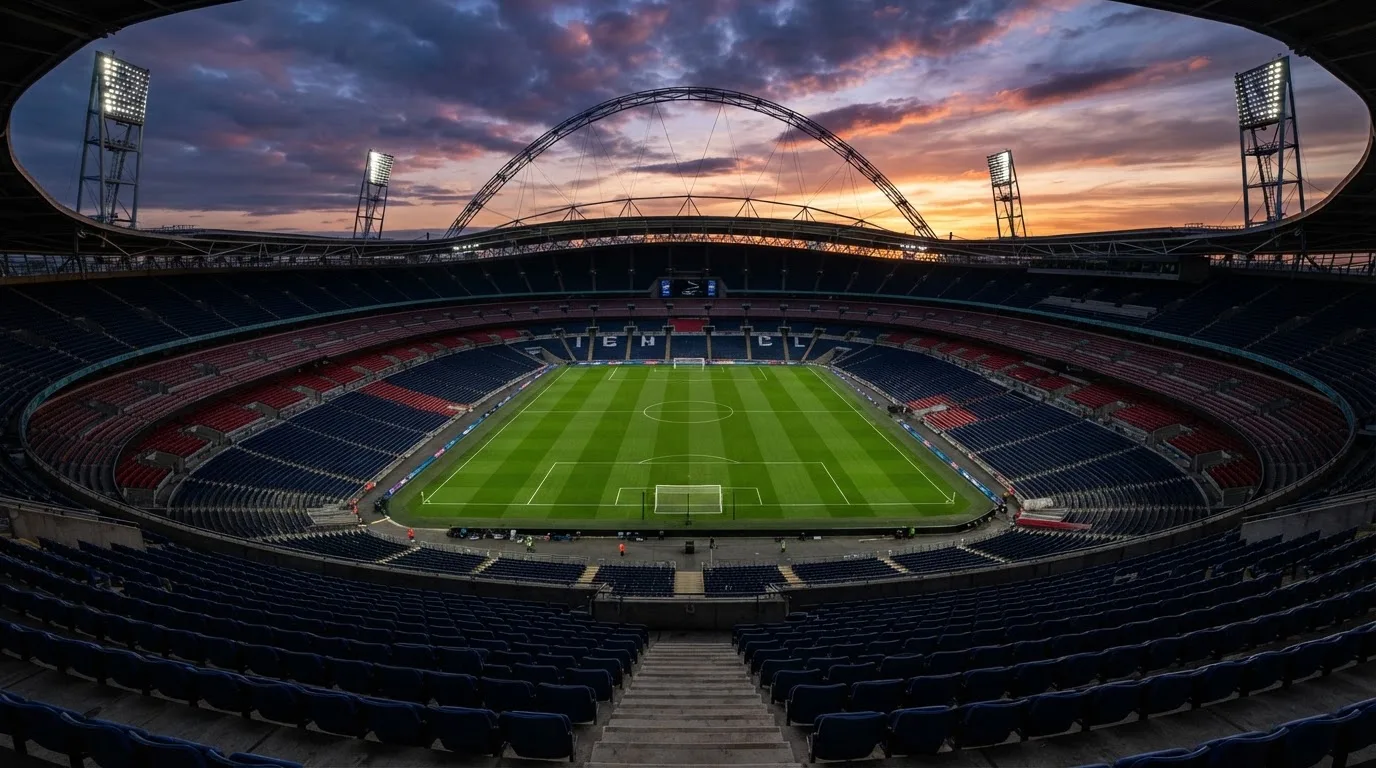 Un estadio de fútbol vacío con torres de iluminación al atardecer