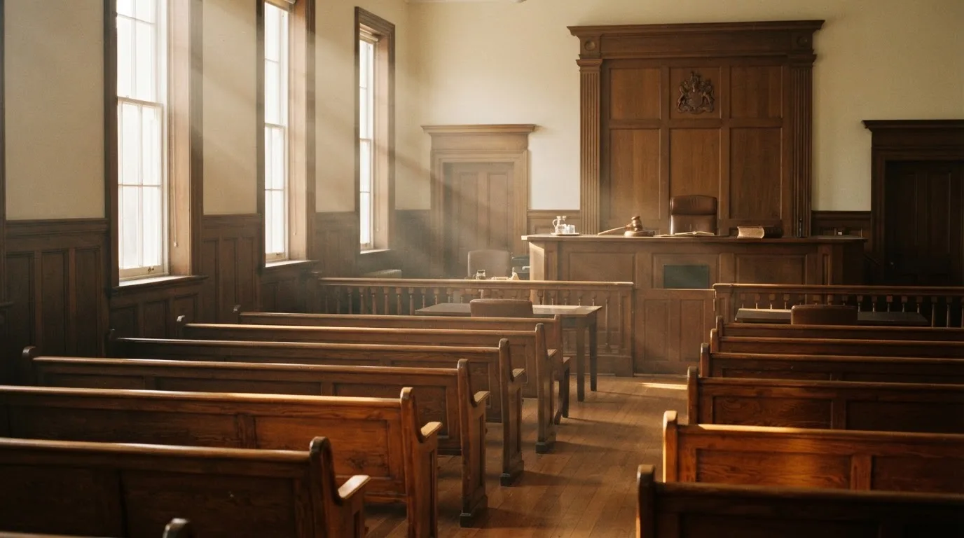 Una sala de tribunal vacía con bancos de madera a la luz de la mañana