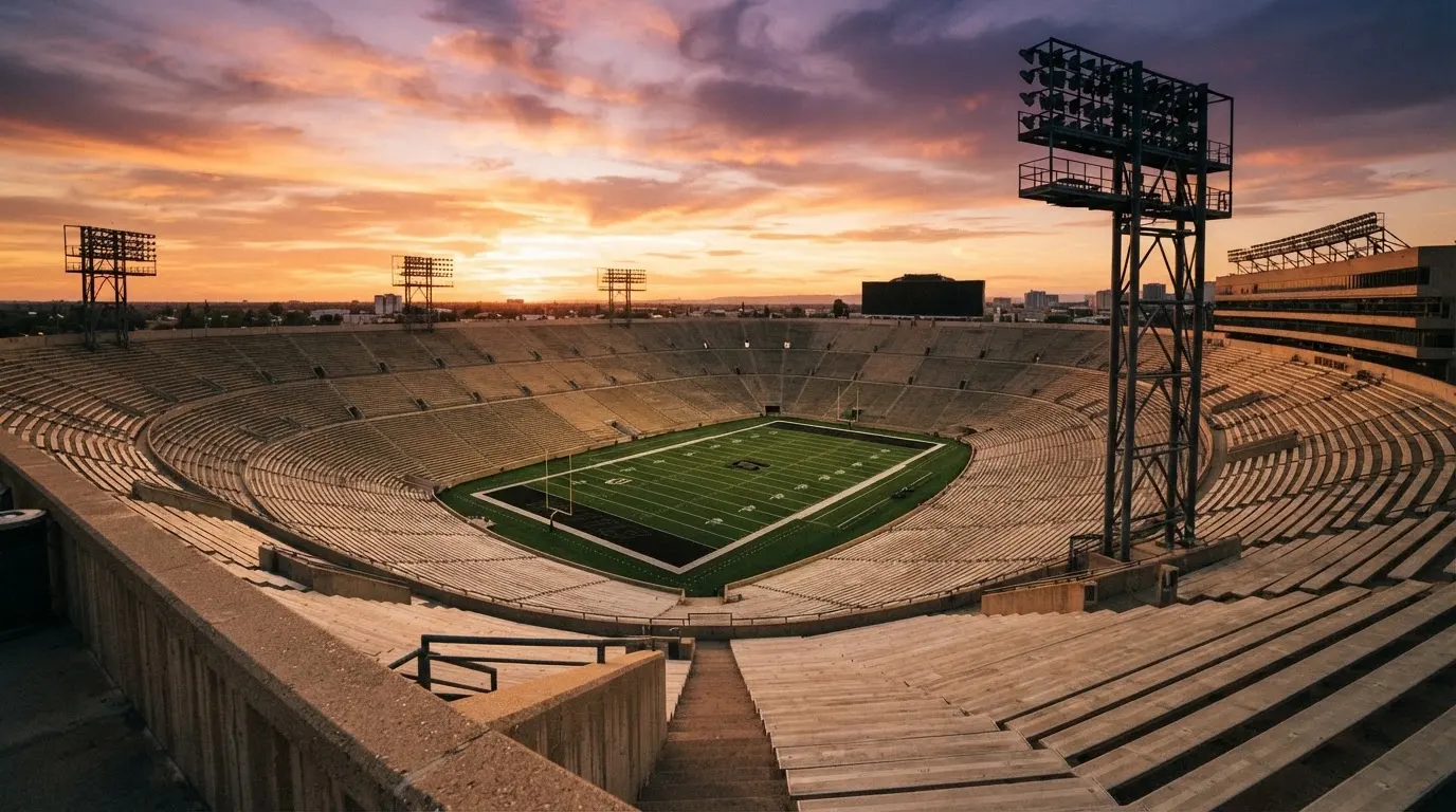 Un estadio de fútbol vacío con torres de iluminación al atardecer