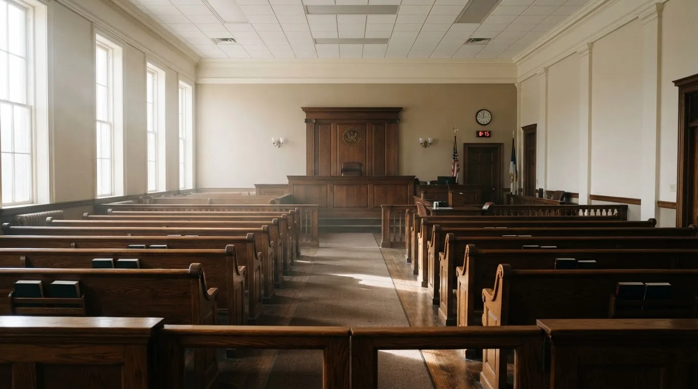 Una sala de tribunal vacía con bancos de madera a la luz de la mañana