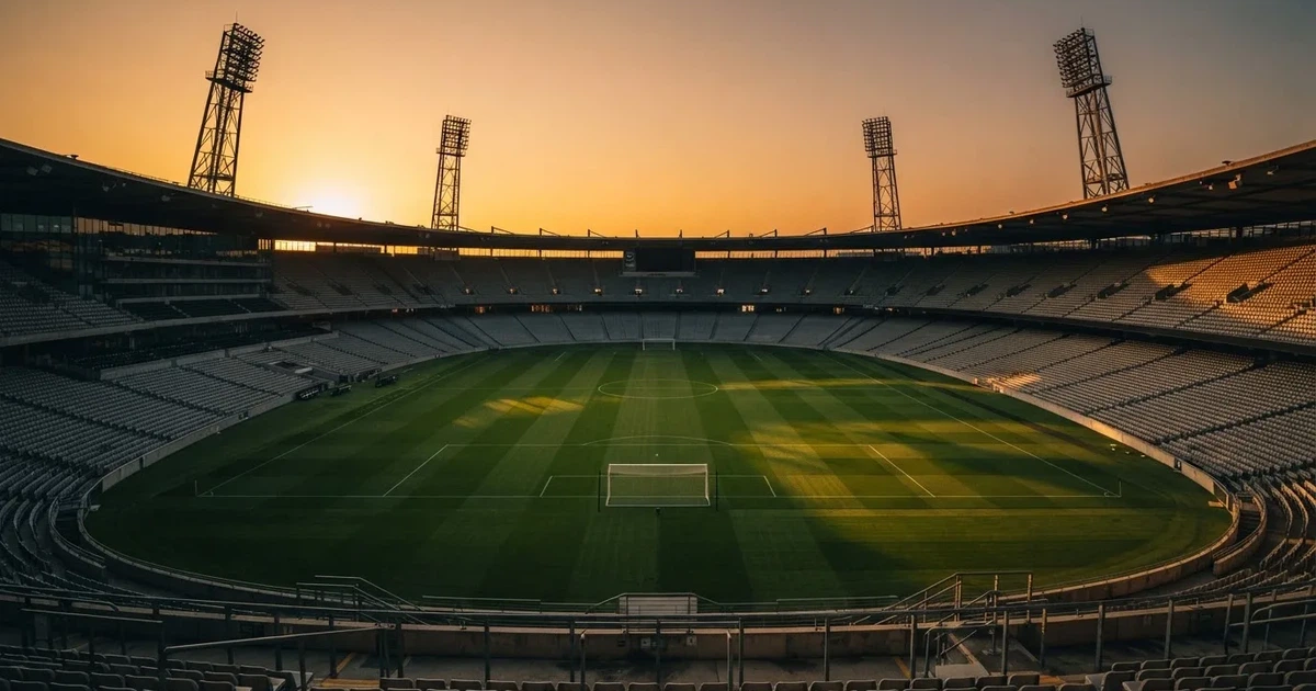 Un estadio de fútbol vacío con torres de iluminación al atardecer