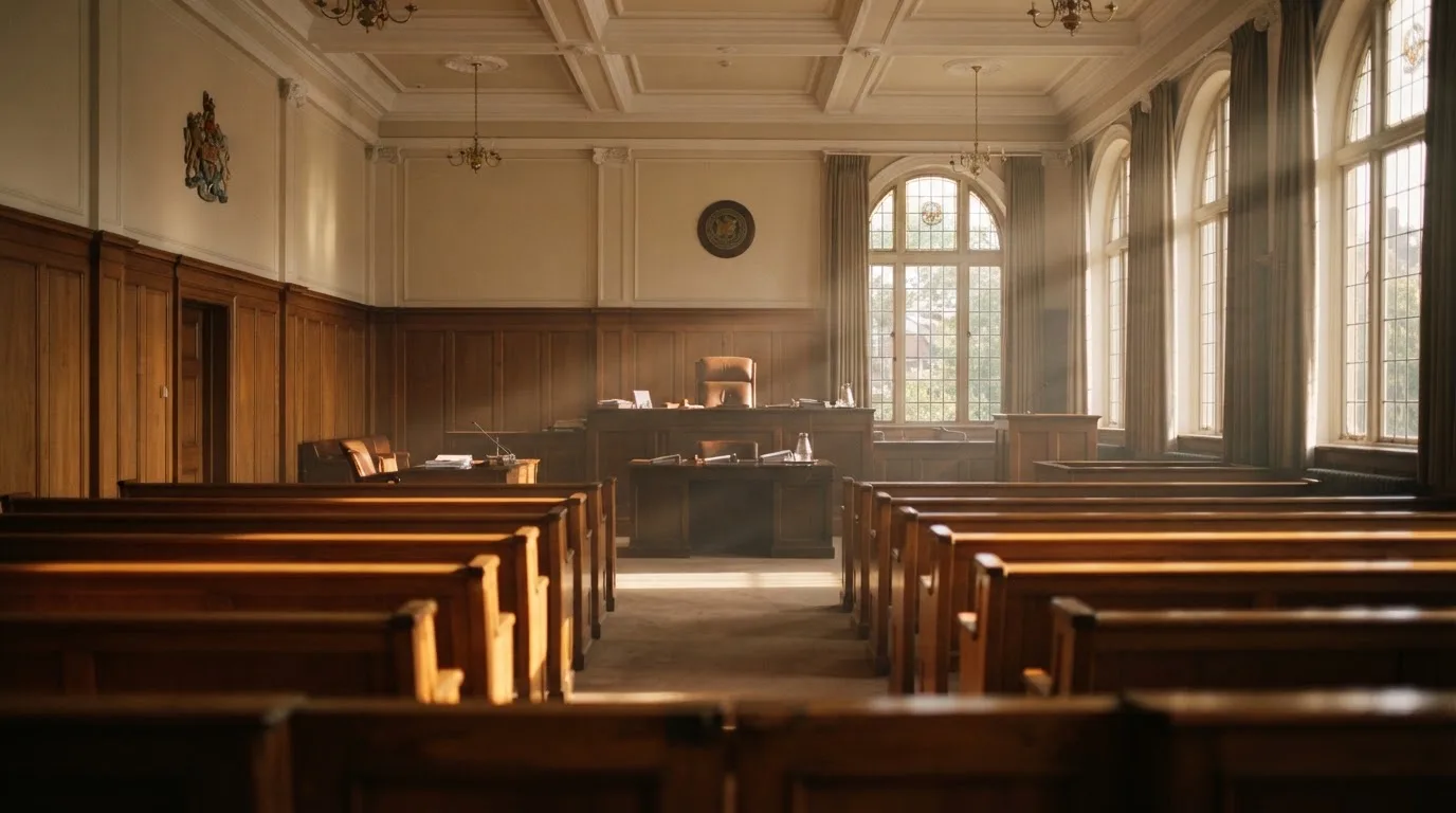 Una sala de tribunal vacía con bancos de madera a la luz de la mañana