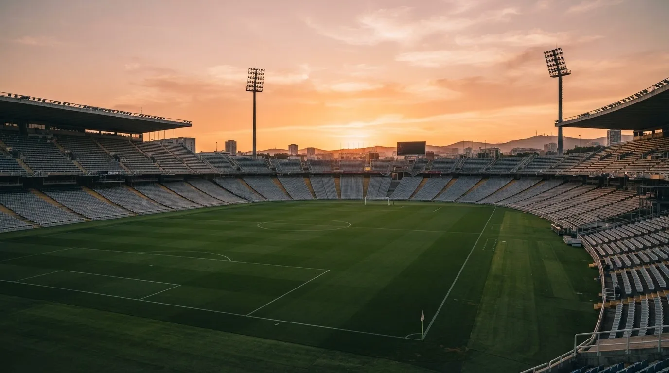 Un estadio de fútbol vacío con torres de iluminación al atardecer