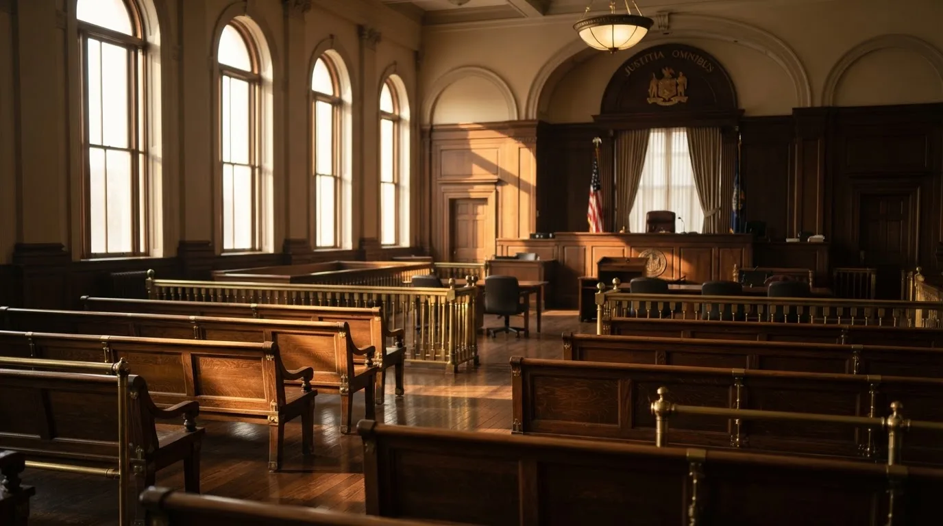Una sala de tribunal vacía con bancos de madera a la luz de la mañana