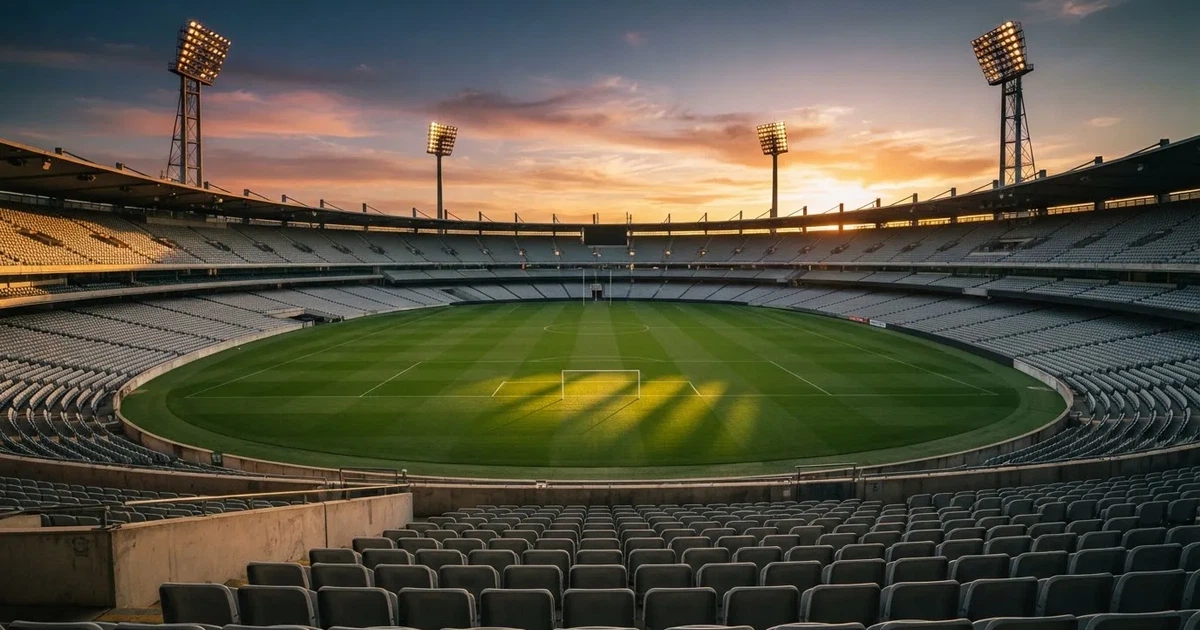 Un estadio de fútbol vacío con torres de iluminación al atardecer