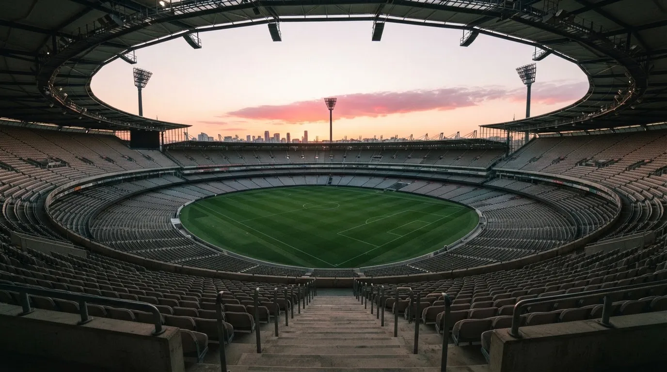 Un estadio de fútbol vacío con torres de iluminación al atardecer