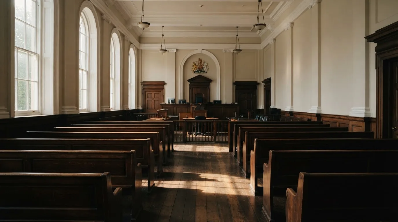 Una sala de tribunal vacía con bancos de madera a la luz de la mañana