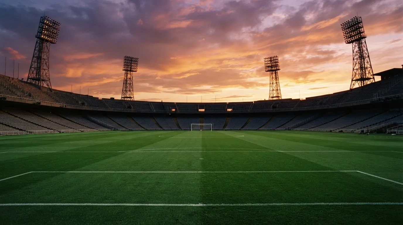 Un estadio de fútbol vacío con torres de iluminación al atardecer