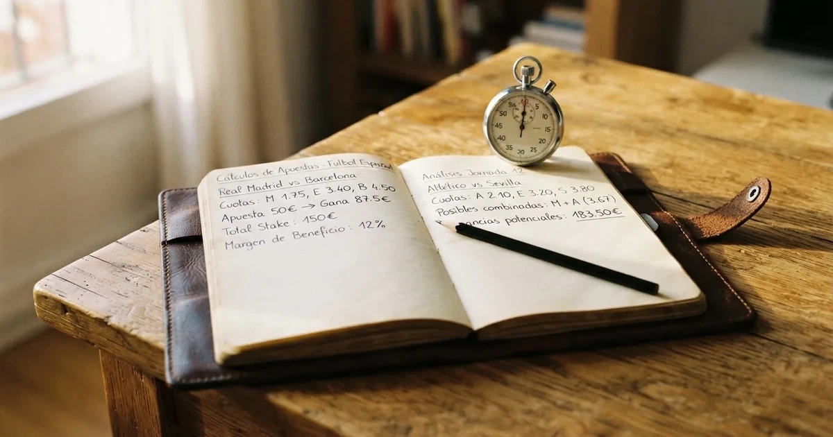 Un cuaderno abierto con un lápiz y un cronómetro sobre una mesa de madera