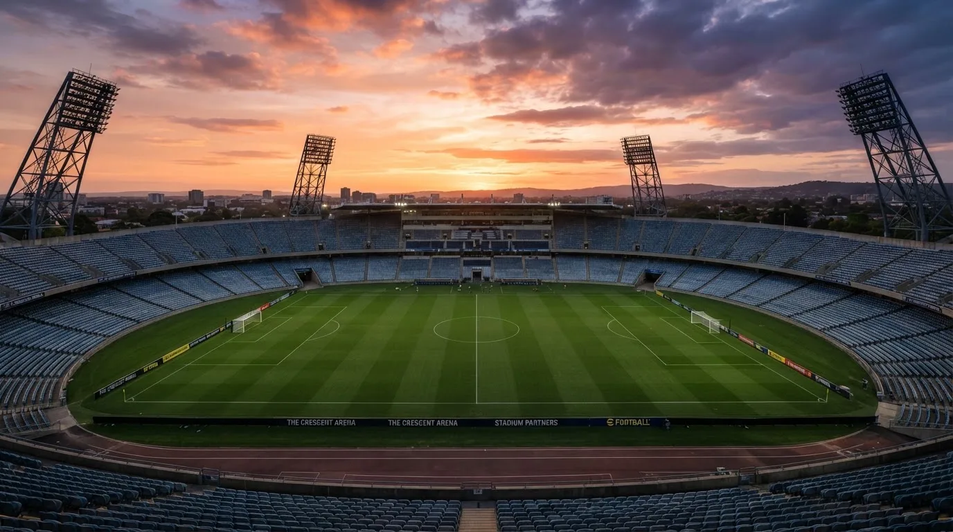 Un estadio de fútbol vacío con torres de iluminación al atardecer
