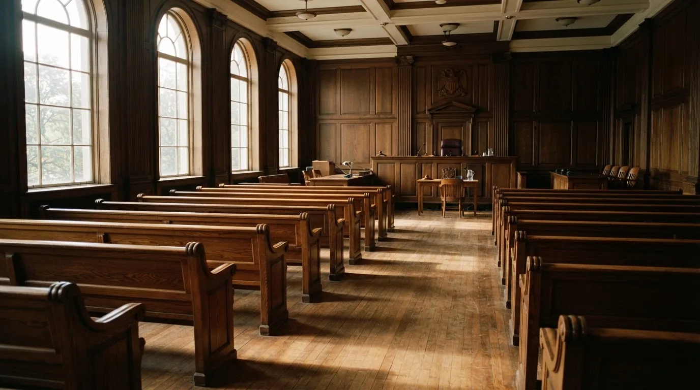 Una sala de tribunal vacía con bancos de madera a la luz de la mañana