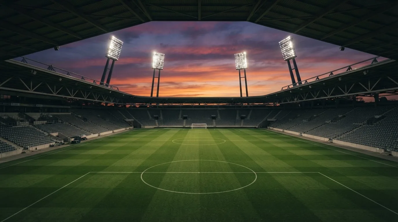 Un estadio de fútbol vacío con torres de iluminación al atardecer
