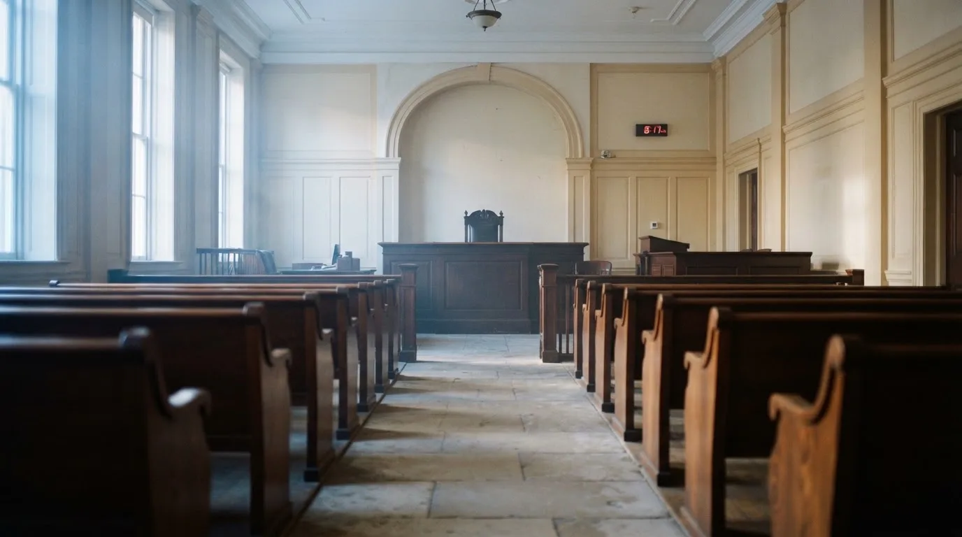 Una sala de tribunal vacía con bancos de madera a la luz de la mañana