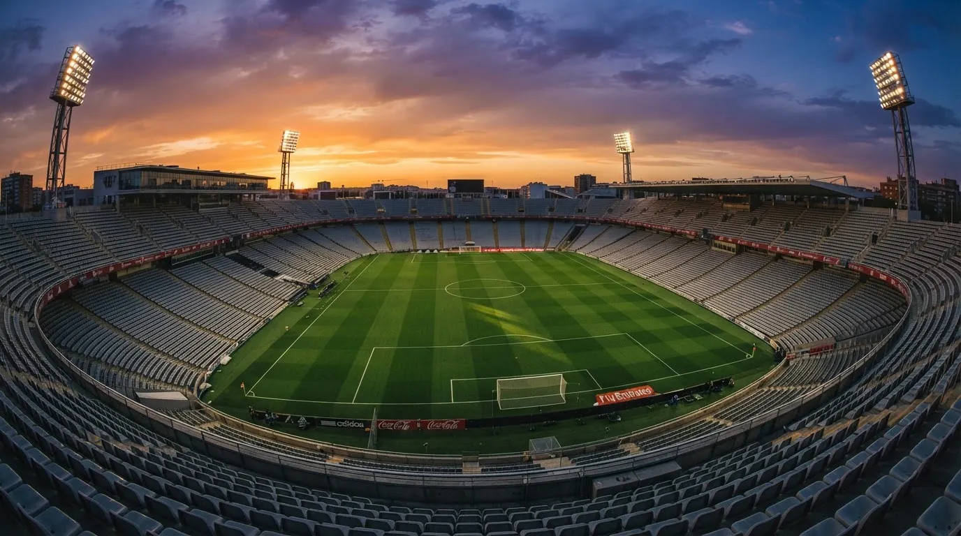 Un estadio de fútbol vacío con torres de iluminación al atardecer