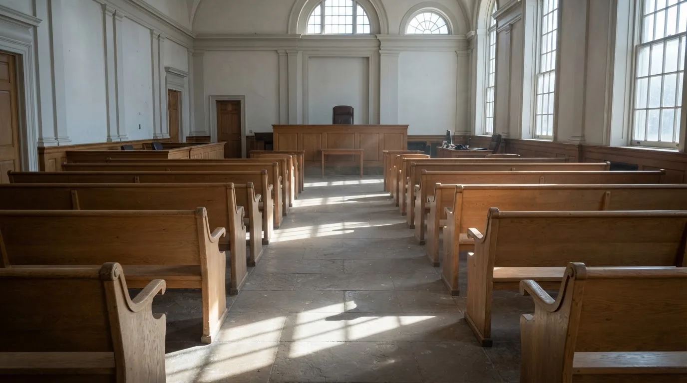 Una sala de tribunal vacía con bancos de madera a la luz de la mañana