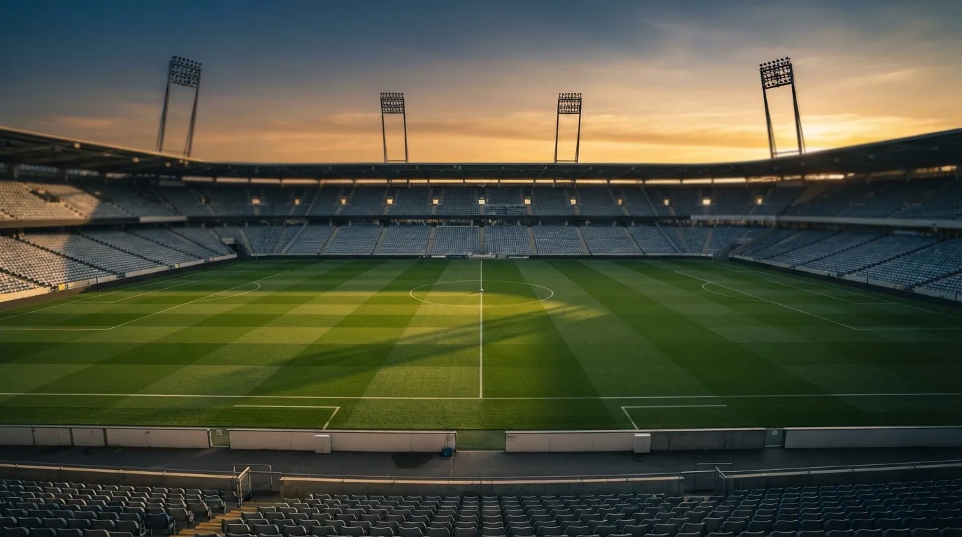 Un estadio de fútbol vacío con torres de iluminación al atardecer