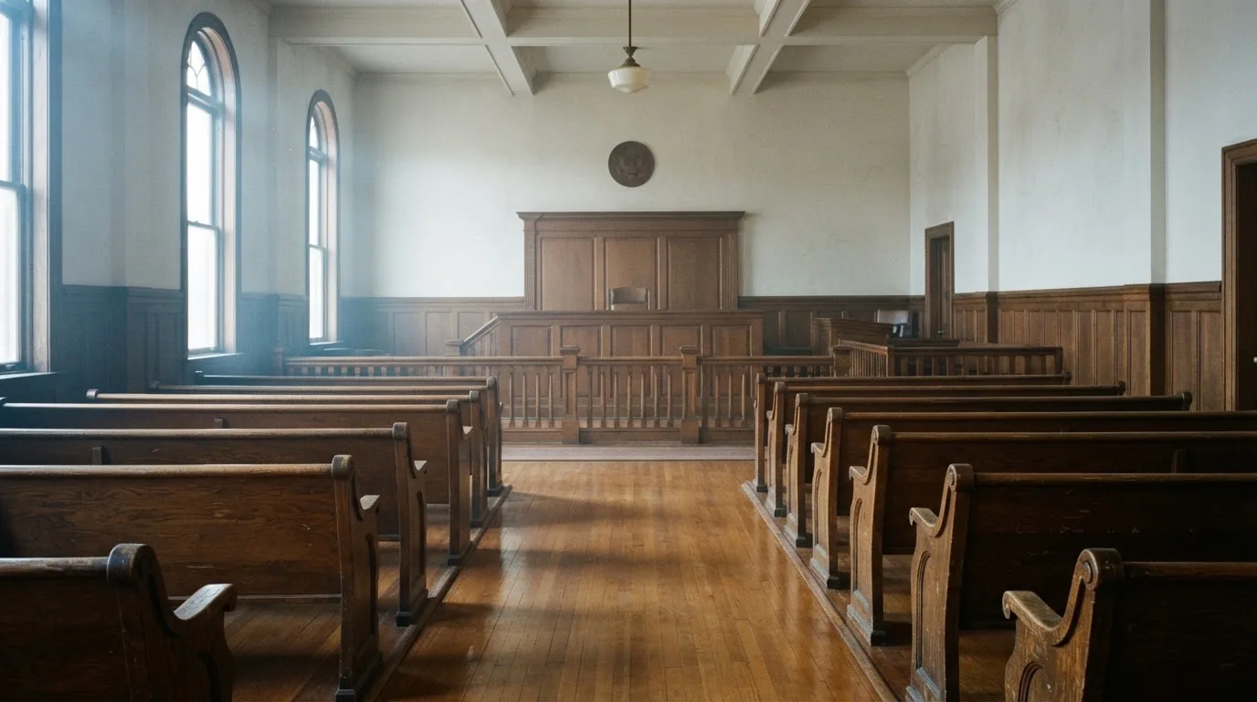 Una sala de tribunal vacía con bancos de madera a la luz de la mañana